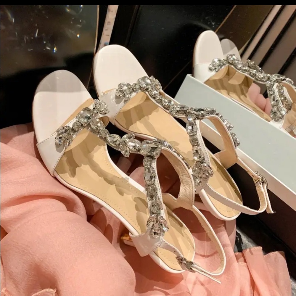 Lauren Lorraine Summer T-strap open toe rhinestone stiletto high-heeled leather
